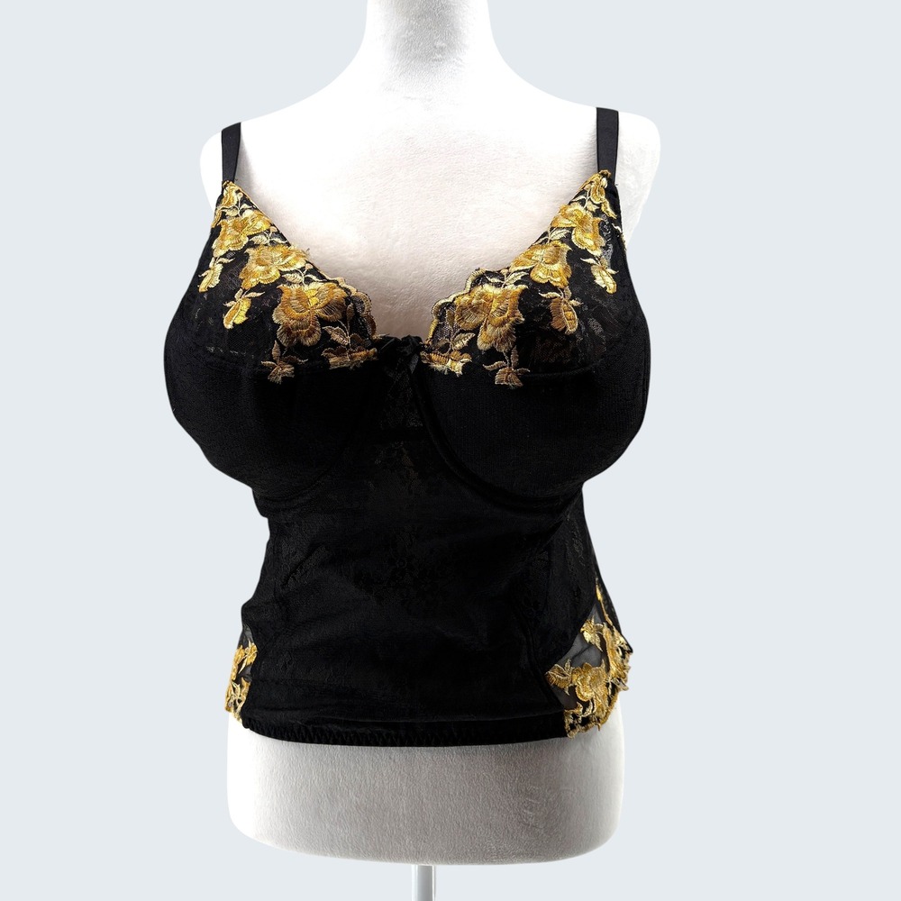 Secret Treasures Women's Bustier 40DD Black Gold Embroidered Lace Corset Top